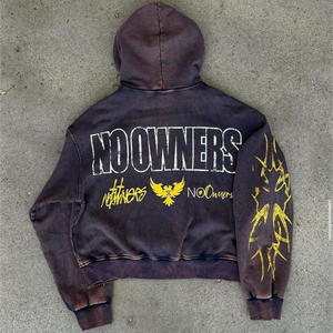 Sweat à capuche zippé pour hommes, surdimensionné, lavage à l'acide, impression noire, vêtements de mode élégants, sweats pour garçons - Product Image 2