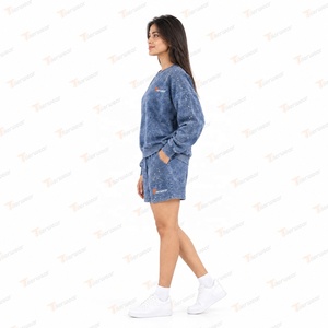 Ensemble 2 pièces short et haut pour femme, tie-dye, à sequins, col rond, manches longues, strass, délavé à l'acide, coupe décontractée ample, printemps-été, en coton tricoté - Product Image 3