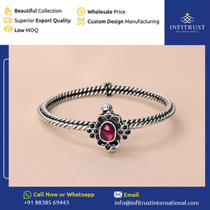Highest Selling Elegant Design Floral Motif <b>Ruby</b> Emerald Stone Studded Oxidised Silver Kada Style Bangles for Ethnic Party Wear - Product Image 2