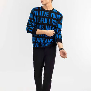 Pull en molleton tricoté pour homme, col rond, manches longues, imprimé lettres, décontracté, coupe classique, hiver, noir, bleu, polyester/coton - Product Image 2
