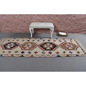 Vintage 3.2x9.9 ft Rug, Herki Turkish Rug, <b>Brown</b> Bordered <b>Wool</b> Rug - Product Image 3