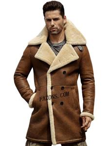 Manteau aviateur en peau de mouton véritable, veste bomber longue décontractée, doublure chaude en fourrure Sherpa, veste d'hiver tendance - Product Image 4