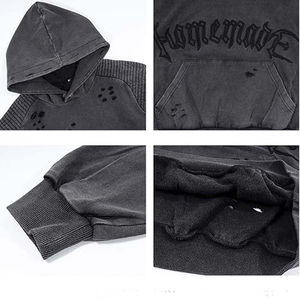 Sweat à capuche vintage Streetwear Hip Hop broderie déchiré détruit en détresse lavage sweat à capuche respirant mode personnalisée - Product Image 3