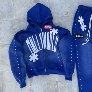 Conjunto de chándal de dos piezas con estampado de diamantes de imitación para hombre, sudadera de maternidad de talla grande azul con logotipo personalizado para invierno - Product Image 2