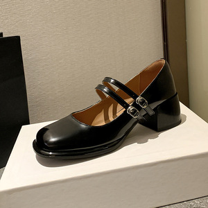 Zapatos Mary Jane negros para mujer con tacón de bloque y punta cuadrada, hebilla de doble correa, tacones personalizados al por mayor de cuero genuino para mujer - Product Image 5