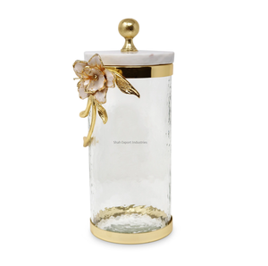 Nouvel arrivage Bocal de rangement en laiton et verre à fleurs blanches et or Bocal décoratif de cuisine Bocal de rangement pour thé, café et sucre - Product Image 1
