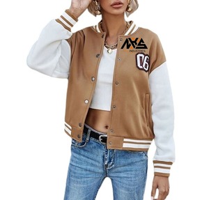 2024 Best-seller Veste courte personnalisée pour femmes Manches en peau de mouton Veste universitaire tricotée Conception Stand Drop Shoulder Bomber OEM - Product Image 1
