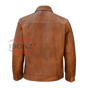 Veste en cuir décontractée de couleur tan de style poche en jean avec doublure en viscose de soie par ISONZ - Product Image 2
