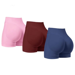Mallas cortas de cintura alta con logotipo personalizado para mujer, pantalones cortos de Yoga sin costuras con realce de glúteos, lisos en blanco, suaves, elásticos, sólidos - Product Image 4