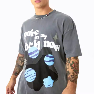 เสื้อยืดคอกลมทรงบ็อกซี่สำหรับผู้ชายผ้าคอตตอนโอเวอร์ไซส์แบบทำมือสไตล์สตรีทผ้าถักโลโก้ได้ตามต้องการแบบ100% - Product Image 4