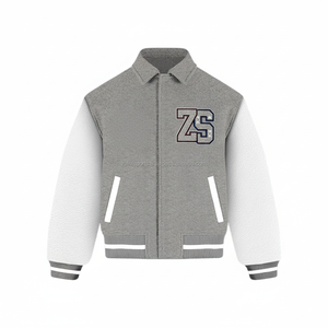 Veste universitaire en laine polaire de qualité supérieure 420 GSM Texture douce corps gris manches en cuir blanc veste universitaire en chenille personnalisée pour hommes - Product Image 1