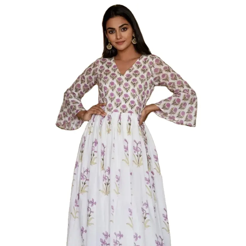 Lilac Blockprint Angrakha setelan gaya mode India Kurti dan celana kualitas tinggi dari produsen India