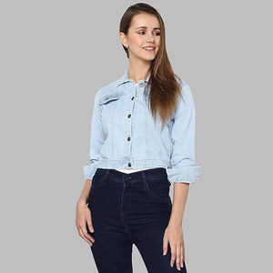 Vente chaude femmes Denim tenue décontracté veste printemps automne automne bleu clair à manches courtes coton veste bouton lavé Techniques - Product Image 3