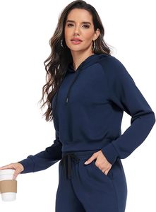 Sudadera con Capucha Azul Marino para Mujer, Manga Larga, Tejido de Algodón, Informal, para Otoño, con Bolsillos - Product Image 2