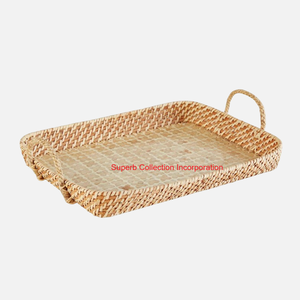 Bandeja de servicio Rectangular de ratán de lavado gris tejida a mano con asas bandeja de almacenamiento Natural para desayuno mesa de centro y decoración del hogar - Product Image 4