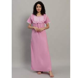 Camisón de Encaje 100% Algodón para Mujer, Manga Media, Largo Completo, Tejido Transpirable, Cuello Redondo Elegante, Primavera, Verano, Otoño - Product Image 1