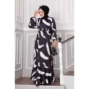 Robe Hijab Taille Satinée Ceinturée Noir - Product Image 2