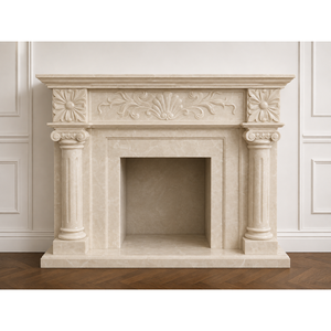 Chimenea Eléctrica con Repisa de Mármol Crema Tallada a Mano y Columnas Iónicas - Product Image 1