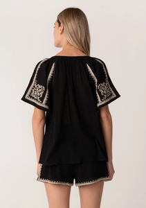 Conjunto bohemio bordado vintage, blusa campesina de manga corta, corbatas con borlas, decoración de botones, técnicas de lavado tejidas no tejidas - Product Image 2