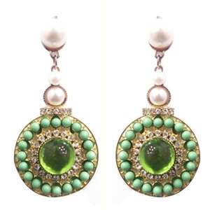 Urthn <b>Green</b> Pearl & Austrian Stone Gold Plated Dangler <b>Earrings</b> Fine Cuff 1301101 - Product Image 1