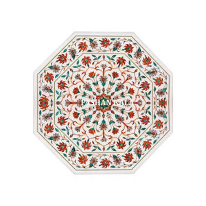 Mesa con incrustaciones de mármol blanco de forma octogonal, diseño de flores hecho a mano con superficie lisa y brillante, mesa de té usada en restaurante - Product Image 1