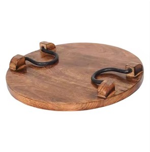 Premier fournisseur de plateau de service de fête en bois de manguier de qualité supérieure avec poignées en métal plateau rond pour pizza servant Noël - Product Image 1