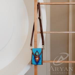 Western Saddle Blanket Genuine Leather Cell Phone Crossbody Purse With Turquoise Stone Cowhide Leather Mobile Purse for Women's - Product Image 3