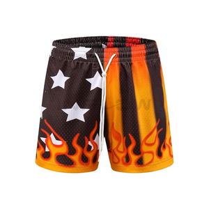 Pantalones Cortos Deportivos de Malla de Secado Rápido para Hombre, Estampado por Sublimación con Diseño de Estrellas y Llamas, Cintura con Cordón Ajustable, Ropa Deportiva Informal, 100% Poliéster - Product Image 4
