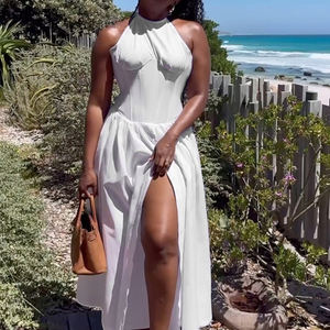 Cena estiva donna ultima bianca per ragazze lisca di pesce nuovo <span class=keywords><strong>vestito</strong></span> Sexy <span class=keywords><strong>con</strong></span> <span class=keywords><strong>spacco</strong></span> stile europeo elegante scollo all'americana senza maniche - Product Image 2