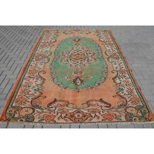 Alfombra de lana turca Vintage de 6x8,9 pies, naranja y verde, patrón de retales de tejido plano para decoración para sala de estar, 4m de ancho - Product Image 1