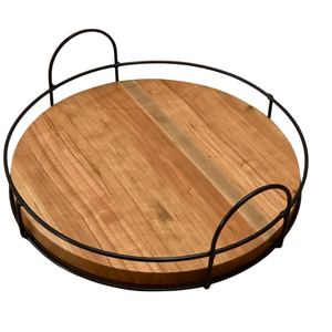 Bandeja Redonda de Madera de Acacia Moderna para Servir, con Asas de Metal, para Cocina, Barra o Encimera, Precio de Fábrica - Product Image 1