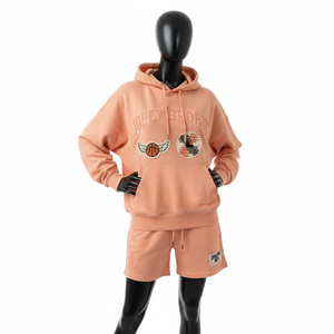 Ensemble de survêtement en molleton de coton et polyester 320 GSM de qualité supérieure pour femme, couleur beige pêche, tenue décontractée avec logo brodé - Product Image 1