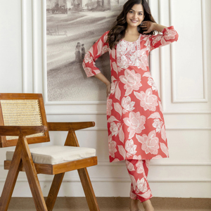 Trendmalls Femme Coton Slub Magic Imprimé Kurta Pantalon Broderie Cou Travail Kurta Ensemble (E63-Pink) - Product Image 1