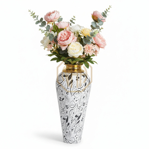 Jarrón de Flores de Hierro Blanco Premium, Elegante Decoración de Lujo para Hogar, Oficina u Hotel, Diseño de Jarrón de Pie con Cuello Repujado y Baño de Oro - Product Image 1