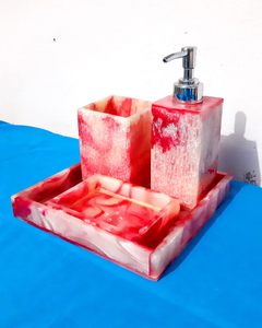 Red 4-Piece Resin <b>Bathroom</b> Accessory <b>Set</b> Latest Design Soap Dish <b>Dispenser</b> Tumbler Tray Home & Hotel Use Gift Organizer - Product Image 3