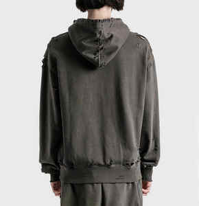 Usine Boxy Fit Vintage Hoodie Unisexe Avec Poches Latérales Cachées En Gros Recadrée Pierre Lavage À L'acide Surdimensionné Déchiré À Capuche Hommes - Product Image 5