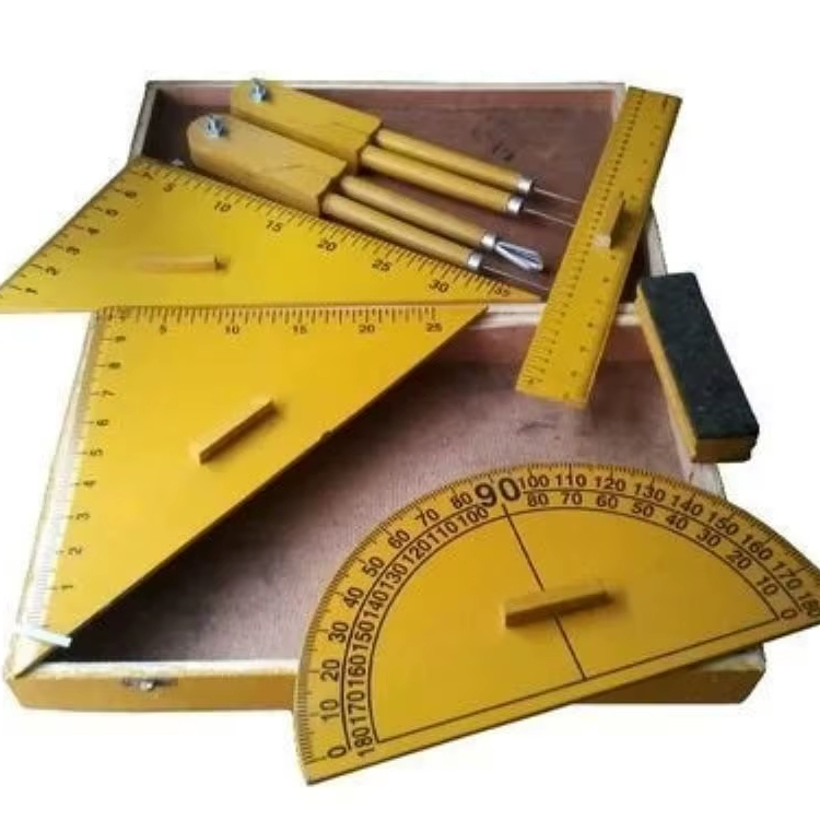 . BLACK BOARD INSTRUMENT BOX: containing Compass, Divider, Protractors, Rule, Set squares and a duster in case