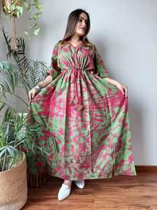 Custom Made Boho Summer Patchwork Cotton Printed V-Neck Kaftan Dress with Natural Waist <b>Tie</b> for Garment Resellers - Product Image 4