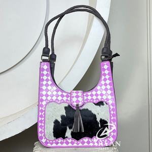 Sac à bandoulière en cuir à carreaux pour femmes, tendance 2026, sac à main de luxe en cuir de vache véritable avec poils, pour femmes - Product Image 1