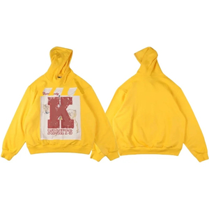 เสื้อมีฮู้ดสไตล์สตรีทแวร์ผ้าคอตตอนสี100% โลโก้อัศวินแนวเย็บปะติดปะต่อกันสีเหลืองเสื้อลำลองมีฮู้ดพิมพ์ลาย - Product Image 6