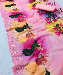 Imprimé brodé sari + chemisier dernière mode indienne dames pas cher bas prix saris tenue de fête mariage indien femmes porter Alphanumero - Product Image 3