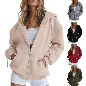 <b>Women</b> Oversized Hooded ZipUp <b>Sweatshirt</b> Solid <b>Black</b> Long Sleeve Casual Autumn Knitted Trackstar OEM Private Label - Product Image 2