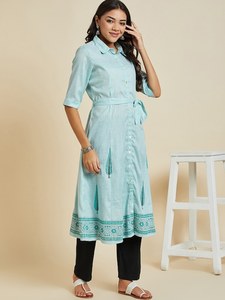 การสนทนาการพิมพ์เสื้อคอปกผ้าฝ้าย A-Line Kurta สําหรับผู้หญิงแฟชั่นอินเดียผ้าฝ้ายทําด้วยมือ Kurta ชุดยาวสุภาพสตรี - Product Image 4