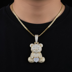 Collar con Colgante de Osito de Peluche con Piedras, Tono Dorado, Estilo Hip Hop de Lujo - Product Image 1