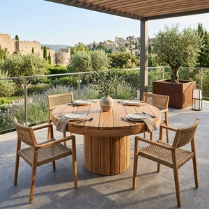 Natural Teak Wood <b>Round</b> Outdoor Garden Dining <b>Table</b> Fluted Pedestal Base Wooden <b>Patio</b> <b>Table</b> Setup Decor Pure Art Design - Product Image 2