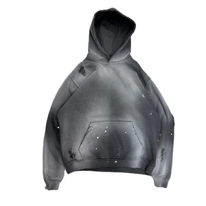 Sudadera con Capucha Negra Desgastada Estilo Streetwear de Algodón Pesado Oversize para Hombre y Mujer, Ajuste Holgado, Estilo Universitario - Product Image 1
