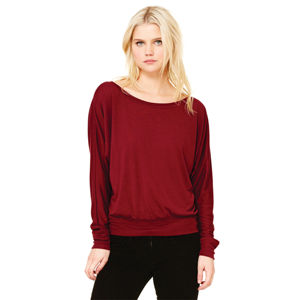 Relaxed Drapey Fit Rib Cuffs 65% Poly 35% <b>Viscose</b> 32 Single 3.7 oz Maroon Womens Flowy Long Sleeve Off Shoulder T-Shirt - Product Image 1
