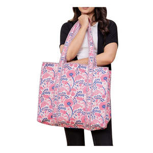 Sac fourre-tout en coton fait main, grand format, avec broderie florale rose, style indien matelassé, fermeture ouverte, sac de shopping - Product Image 1