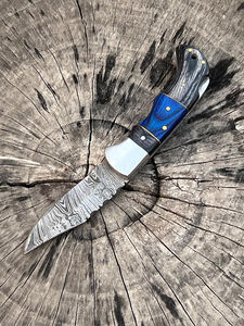 Handmade Damascus Blade <b>Folding</b> Pocket <b>Utility</b> <b>Knife</b> Adjustable Hand Orientation Eco-Friendly Customizable OEM Leather Case - Product Image 3