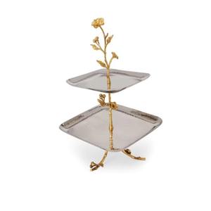 Plato floral de dos niveles hecho de metal resistente a las manchas, los olores y al desgaste, lo que garantiza una belleza duradera, bellamente diseñado en India. - Product Image 1